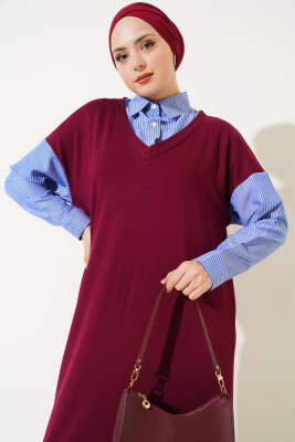 Gömlek Garnili Loyşa Elbise Bordo - Tesettür Elbise