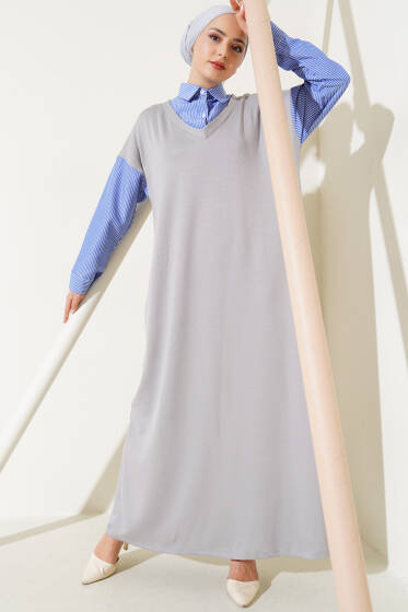 Gömlek Garnili Loyşa Elbise Gri - Elbise
