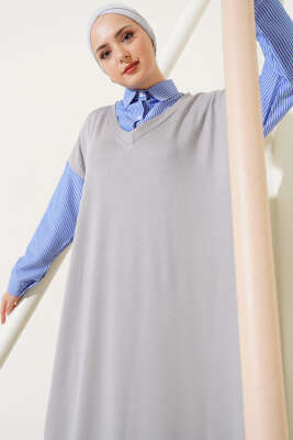Gömlek Garnili Loyşa Elbise Gri - Tesettür Elbise
