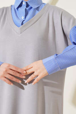 Gömlek Garnili Loyşa Elbise Gri - Tesettür Elbise