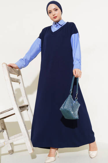 Gömlek Garnili Loyşa Elbise Lacivert - Elbise