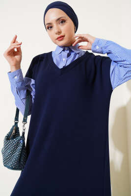 Gömlek Garnili Loyşa Elbise Lacivert - Tesettür Elbise