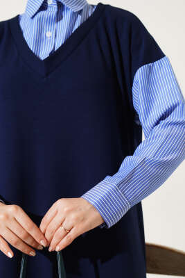 Gömlek Garnili Loyşa Elbise Lacivert - Tesettür Elbise