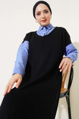 Gömlek Garnili Loyşa Elbise Siyah - Tesettür Elbise