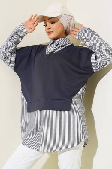 Gömlek Garnili Manşetli Tunik Füme - Tunik