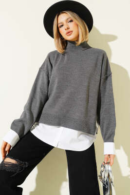 Gömlek Garnili Salaş Triko Kazak Füme 