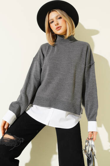 Gömlek Garnili Salaş Triko Kazak Füme - Kadın Giyim Modelleri