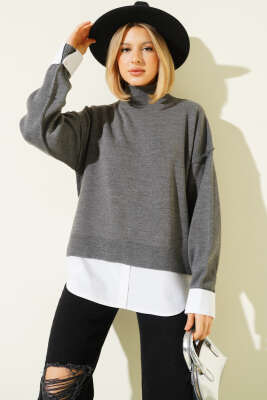 Gömlek Garnili Salaş Triko Kazak Füme - Kadın Giyim Modelleri