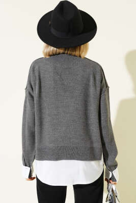 Gömlek Garnili Salaş Triko Kazak Füme - Kadın Giyim Modelleri