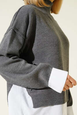 Gömlek Garnili Salaş Triko Kazak Füme - Kadın Giyim Modelleri