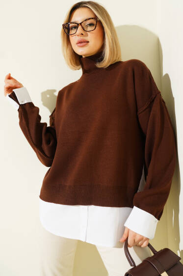 Gömlek Garnili Salaş Triko Kazak Kahve - Kadın Giyim Modelleri