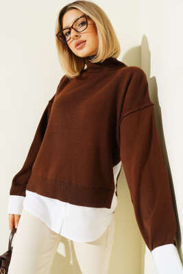 Gömlek Garnili Salaş Triko Kazak Kahve - Kadın Giyim Modelleri