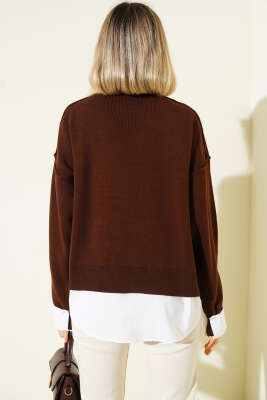 Gömlek Garnili Salaş Triko Kazak Kahve - Kadın Giyim Modelleri