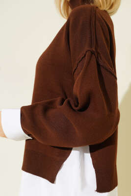 Gömlek Garnili Salaş Triko Kazak Kahve - Kadın Giyim Modelleri