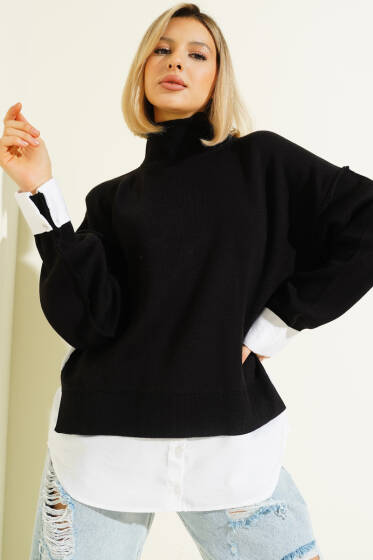 Gömlek Garnili Salaş Triko Kazak Siyah - Kadın Giyim Modelleri