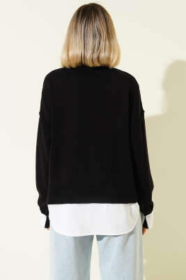 Gömlek Garnili Salaş Triko Kazak Siyah - Kadın Giyim Modelleri