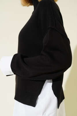 Gömlek Garnili Salaş Triko Kazak Siyah - Kadın Giyim Modelleri