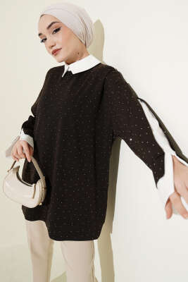 Gömlek Garnili Taş Süslemeli Tunik Acı Kahve - HELLIE
