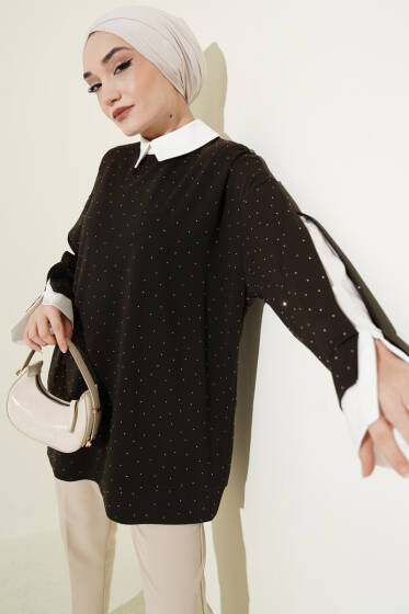 Gömlek Garnili Taş Süslemeli Tunik Acı Kahve - Tunik