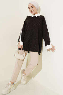 Gömlek Garnili Taş Süslemeli Tunik Acı Kahve - Tunik