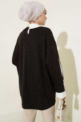 Gömlek Garnili Taş Süslemeli Tunik Acı Kahve - Tunik