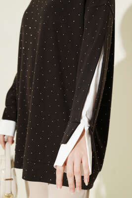 Gömlek Garnili Taş Süslemeli Tunik Acı Kahve - Tunik