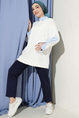 Gömlek Garnili Taş Süslemeli Tunik Beyaz - Tunik