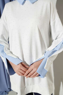 Gömlek Garnili Taş Süslemeli Tunik Beyaz - Tunik