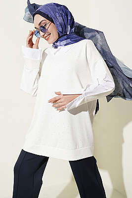 Gömlek Garnili Taş Süslemeli Tunik Ekru - HELLIE