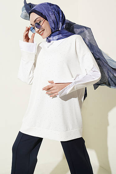 Gömlek Garnili Taş Süslemeli Tunik Ekru - Tunik