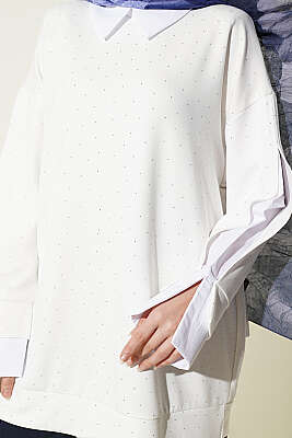 Gömlek Garnili Taş Süslemeli Tunik Ekru - Tunik