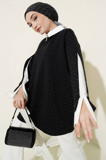 Gömlek Garnili Taş Süslemeli Tunik Koyu Lacivert - Tunik