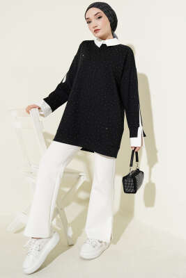 Gömlek Garnili Taş Süslemeli Tunik Koyu Lacivert - Tunik