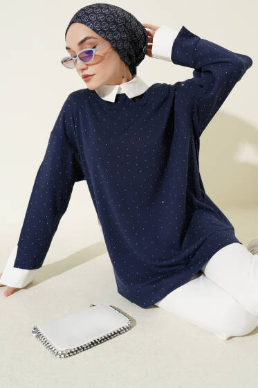 Gömlek Garnili Taş Süslemeli Tunik Lacivert - Tunik