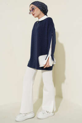 Gömlek Garnili Taş Süslemeli Tunik Lacivert - Tunik