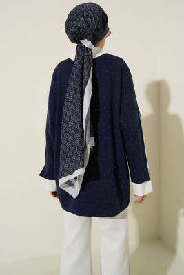 Gömlek Garnili Taş Süslemeli Tunik Lacivert - Tunik