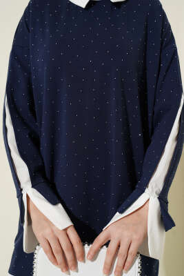 Gömlek Garnili Taş Süslemeli Tunik Lacivert - Tunik