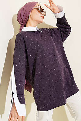 Gömlek Garnili Taş Süslemeli Tunik Mor 