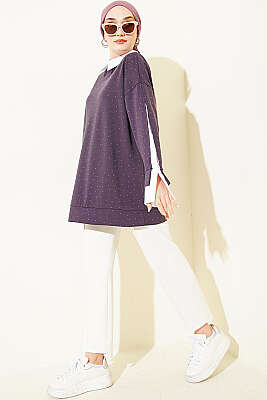 Gömlek Garnili Taş Süslemeli Tunik Mor - Tunik