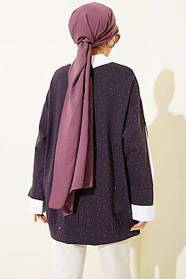 Gömlek Garnili Taş Süslemeli Tunik Mor - Tunik