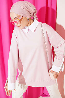 Gömlek Garnili Taş Süslemeli Tunik Pembe 