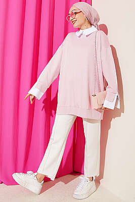 Gömlek Garnili Taş Süslemeli Tunik Pembe - Tunik