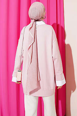 Gömlek Garnili Taş Süslemeli Tunik Pembe - Tunik