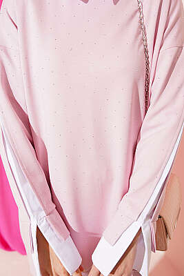 Gömlek Garnili Taş Süslemeli Tunik Pembe - Tunik