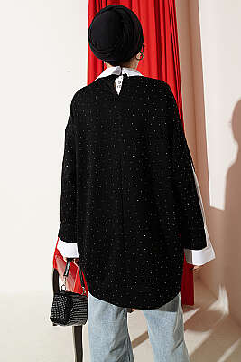 Gömlek Garnili Taş Süslemeli Tunik Siyah - 500-700 TL Ürünler
