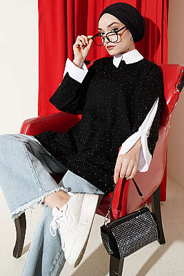 Gömlek Garnili Taş Süslemeli Tunik Siyah - HELLIE