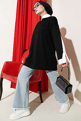 Gömlek Garnili Taş Süslemeli Tunik Siyah - Tunik