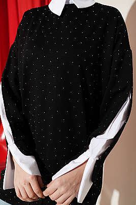 Gömlek Garnili Taş Süslemeli Tunik Siyah - Tunik