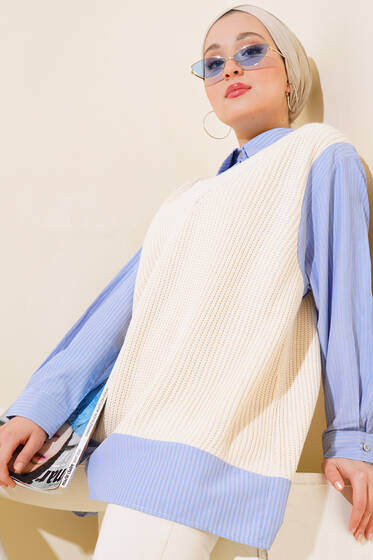 Gömlek Garnili Triko Süveter Bej - Triko