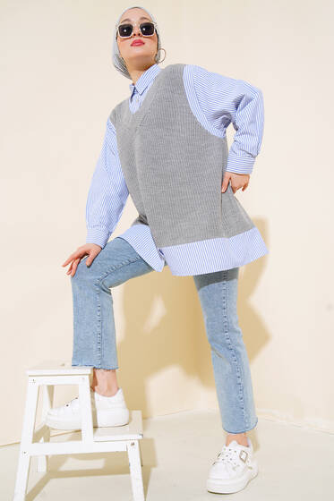 Gömlek Garnili Triko Süveter Gri - Triko